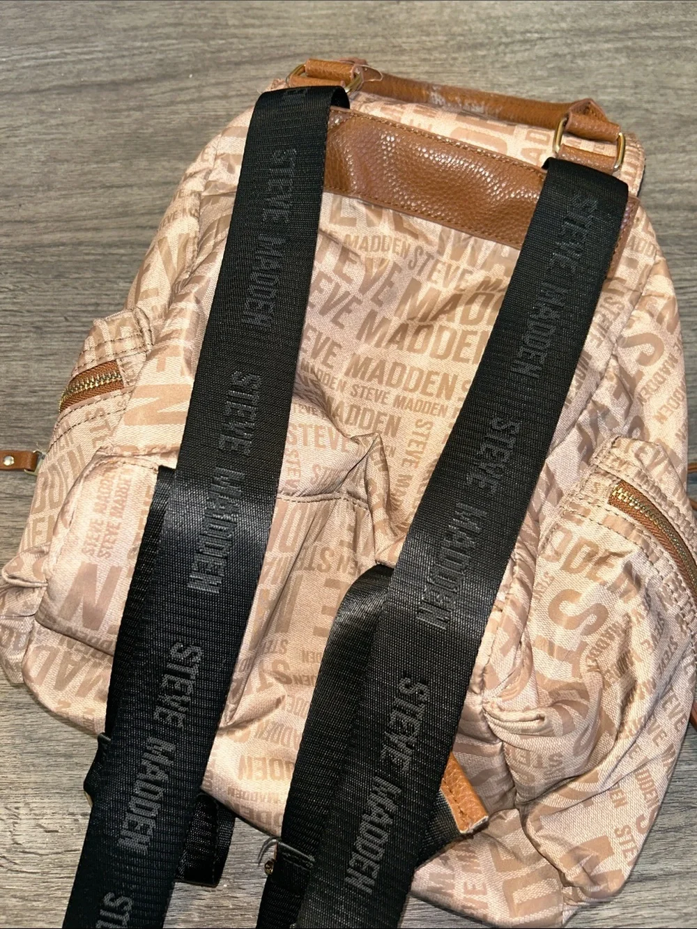 Steve Madden Logo Print Mini Backpack Tan Brown Nylon Drawstring Bag